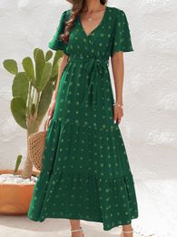 Basic Casual Dresses Green Long Dress Women Summer Elegant Jacquard Female Boho Beach Loose Maxi Short Sleeve Lace Up Robe Longue 230625