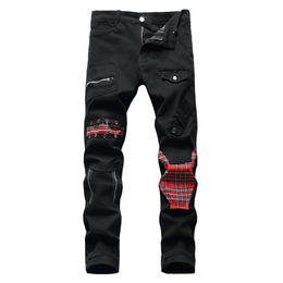 Men's Jeans Men's Tartan Scotch Plaids Patchwork Black Denim Jeans Trendy Punk Rock Rivet Pants Slim Straigh Trousers 230626