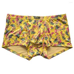 Underpants Men Boxers Sexy Male Print Cartoon Ginkgo Leaf Printing With Milk Silk Flat Pants Quartet Knickers