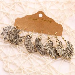 Dangle Earrings Ethnic Gold Color Geometric Flower Earring Set Women's Vintage Antique Carved Leaf Pendant Jewellery Brincos