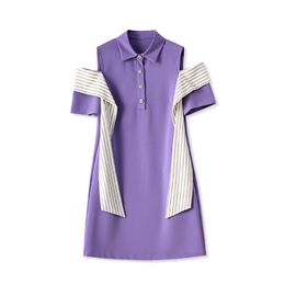 2023 Summer PurpleContrast Colour Dress Short Sleeve Lapel Neck Knee-Length Casual Dresses W3L045201