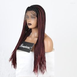 Synthetic Wigs RONGDUOYI Two Tone Braided Box Braids For Women Long Lace Front Wig Ombre Red Heat Resistant Hair Cosplay Kend22