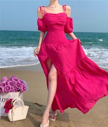 Women's rose red color short sleeve slash neck spaghetti strap vent jag maxi long beach dress SMLXL