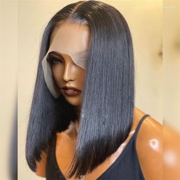 Natural Looking Short Bob 4x4 Lace Front Silk Base Wig Deep Part Black Synthetic Straight For Women Baby Hair PrePlucked