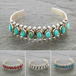 Bohemian Natural Turquoises Stone Open Bangle Bracelet Tibetan Jewellery Retro Antique Silver Colour Cuff Bracelet For Women Gift