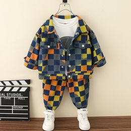 Clothing Sets Fashion Children Outfits 2-10Years Old Kids Plaid Denim Coat Pants 2pcs Suits Boy Casual Pullover Sport Clothes Set 230626