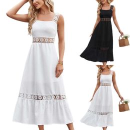 2023 new solid color cut-out lace patchwork square neck sleeveless sling maxi women dress fashions long sleeves dresses woman