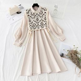 Casual Dresses 2023 Fashion Women's Two Piece Set Knitted Dress Spring Autumn Vest Long Sleeve Pleated Suit