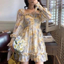 Casual Dresses Hstar French Style Vintage Floral Print Puff Sleeve Chiffon Long Maxi Dress Boho Party Yellow Oil Painting