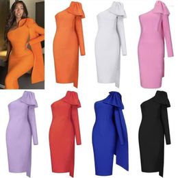 Casual Dresses High Quality Yellow Blue Orange Runway Bownot One Long Sleeve Rayon Bandage Dress Cocktail Party Bodycon Vestidos