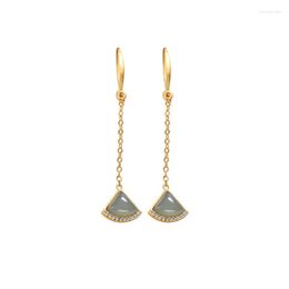 Dangle Earrings S925 Sterling Silver Gold Plated Natural Hetian Jade Gray Eardrops Ladies Long Ginkgo Leaf Ear Hook