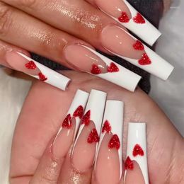 False Nails 24Pcs Flashing Glitter Wine-Red Heart Design Fake Tips French Long Ballet Nail For Girl Party Salon Decors Fingernail