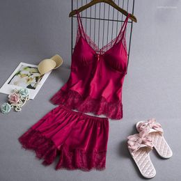 Womens Sleepwear Daeyard Ladies Pyjamas Summer 2023 Silk Pyjamas Set Cami And Shorts With Lace Trim Sexy Lingerie Womens Casual Suits