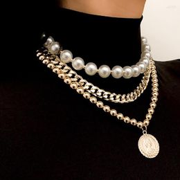 Pendant Necklaces Multilayer Imitation Pearl Handmade Beads Beaded Necklace Men Gold Colour Metal Coin Girls Fashion Jewellery