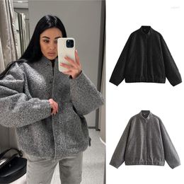 Women's Jackets Casual Loose Grey Bombers Women Solid Stand Collar Long Sleeve With Pockets Coat 2023 Spring Outwear Female