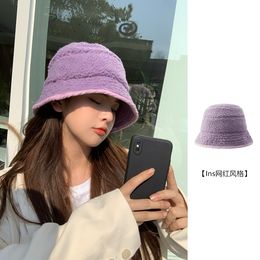 Japanese Lambswool Bucket Hat Female Autumn Winter Warm Korean Version Lamb Plush Fisherman Hat for Women