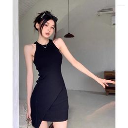Casual Dresses Sweet Girl Sexy Black Tank Top Dress Women's Summer O-neck Slim Fit Irregular Wrapped Hip Short Fashion Female Clothes