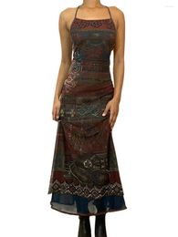 Casual Dresses NBULIFE Women Long Bodycon Dress Vintage Print Sleeveless Sling Summer Cross Backless Party (Brown M)