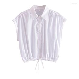 Women's Blouses 2023 Women's Summer Style Lapel Short-sleeved Loose And Slim White Tie-up Short Shirt Top