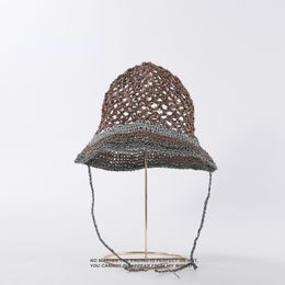 Japanese Summer New Hollow Breathable Crochet Bucket Hat Hand-woven Contrasting Straw Bucket Hat Sweet Cute Lace-up Basin Hat