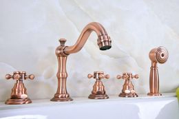 Bathroom Sink Faucets Antique Red Copper Brass Deck 5 Holes Bathtub Mixer Faucet Handheld Shower Widespread Set Basin Water Tap Atf222