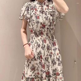 Casual Dresses Kuzuwata Summer Japan Style Floral Print Dress Flying Sleeves Lace Up High Waist Robe Elegant Strench Craped Slim Fit