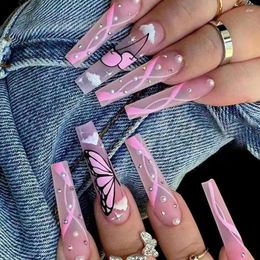 False Nails DIY Fake Set Wearable Manicure With Jelly Glue Full Cover Acrylic Nail Tips Pink Butterfly Diamond Wholesale