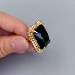 Cluster Rings YYGEM 23x27mm Black Onyx Rectangle Cz Pave Ring Gold Plated Adjustable Fashion Party Jewelry