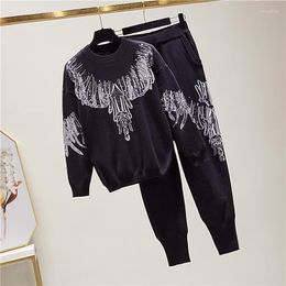 Women's Two Piece Pants Fashion Black Knitted Tracksuit Outfits Women Manual Sequins Sweater Long Set Loose Casual Knit Suit 2pc Female