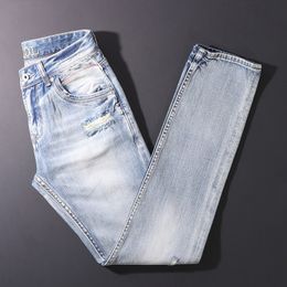 Men's Jeans European Vintage Fashion Men Retro Light Blue Slim Fit Ripped High Quality Red Line Designer Casual Denim Pants 230625