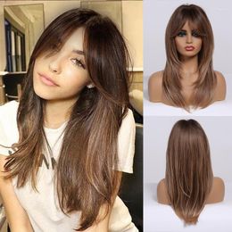 Synthetic Wigs Medium Length Layered Wavy Ombre Brown Hair With Bangs Heat Resistant For Afro Women Daily Natural Kend22