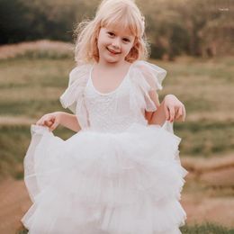 Girl Dresses Lace Flower Dress White 1st Communion Layer Tulle Clothes Elegant Wedding Birthday Party Costume Kids Summer Frock