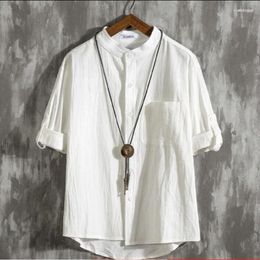 Men's Casual Shirts Men's Loose Harajuku Cotton Linen Shirt Three-quarter Sleeve White Mens Stylish Brand Summer Plus Size Short-sleeve