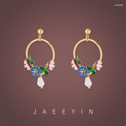 Hoop Earrings Jaeeyin 2023 Fall Romantic Trendy Unusual Circle Metal Gold Colour Hand Made Enamel Polychrome Flower Country Style