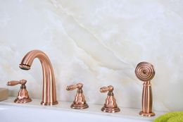 Bathroom Sink Faucets Antique Red Copper Brass Deck 5 Holes Bathtub Mixer Faucet Handheld Shower Widespread Set Basin Water Tap Atf235