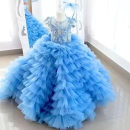 Brilliant Blue Ruffles Ball Gown Kids Party Dresses Jewel Neck Short Sleeve Tiere Flower Girls Dress Layere Tulle Child Wedding Formal Wear