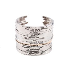 Bangles 20pcs/lot Wholesale Positive Inspirational Quotes Handmade Cuff Mantra Bracelet Stainless Steel Engraved Bangles For Women Gift