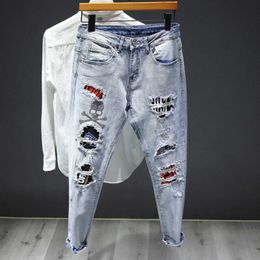 Men's Jeans Korean Fashion Men's Jeans Broken with Print Tapered Ripped Slim Fit Torn Man Cowboy Pants Retro Graphic Trousers Holes Classic 230626