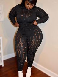 Tracksuits LW Plus Size See-through Skinny Stretchy Pants Set Female Gauze Sexy Long Sleeve Turtleneck Top Solid Sheath Matching Outfits