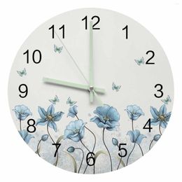 Wall Clocks Blue Flower Butterfly Luminous Pointer Clock Home Ornaments Round Silent Living Room Bedroom Office Decor