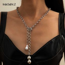 Pendant Necklaces Ingesight.z Punk Gold Colour Link Chain Long Necklace Imitation Pearl Baroque Small Ball for Women Jewellery Gift 230613