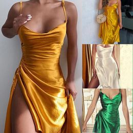 Casual Dresses 2023 Summer Satin Dress For Women Fashion Solid Fork Sexy V-neck Suspenders Imitation Silk