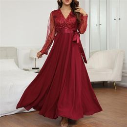 Casual Dresses Women Dress Patchwork Mesh Sequins Party A-Line High Waist Red Long Sleeve Vestidos