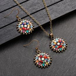 Boho Colorful Beads Jewelry Sets for Women Vintage Gold Color Alloy Flower Necklace Pendant Earring Sets Bridal Wedding Jewelry