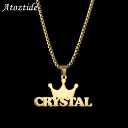 Pendant Necklaces Atoztide Personalized Stainless Steel Nameplate Necklace Big Crown Charm Customized Chain Men Women style Party Jewelry Gift 230626