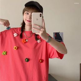 T-Shirts DAYIFUN Kurzarm-T-Shirts für Damen, solide, süße 3D-Blumen-Stickerei, große T-Shirts, koreanische Version