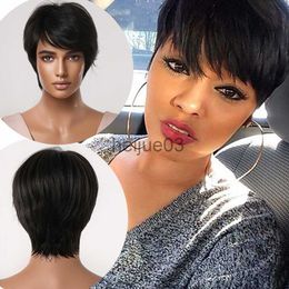 Synthetic Wigs Dome Cameras Short Straight Wigs Black Synthetic Wigs with Pixie Cut Bangs for Black Women Cosplay Party Natural Hair Wig Heat Resistant x0626