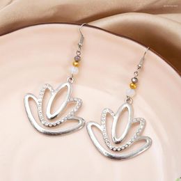 Dangle Earrings Korean Fashion Lotus Inlaid Rhinestone Simple Fresh Hollow Alloy Flower For Women Summer Vacation Style Girls Jewelry
