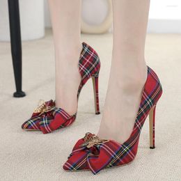 Dress Shoes RIBETRINI 2023 Brand High Heeled Women Pumps Plaid Bowknot Basic Super Thin Heel Fashion Summer For Ladies