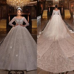 Luxury Ball Gown Wedding Dresses Long Sleeves V Neck Sequins Applique Diamonds Ruffles Bridal Gowns Beaded Long Train Lace-up Plus Size Custom Made Vestido de novia